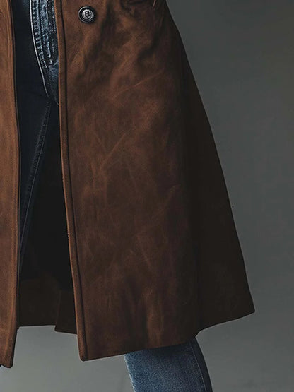 Elegant Suede Trench Coat for Women with Notch Collar Long Sleeve Button Front Tailored Style