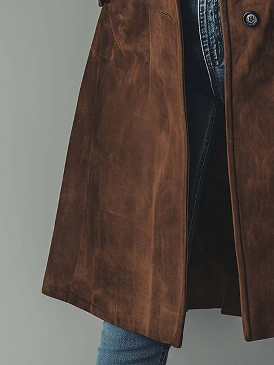 Elegant Suede Trench Coat for Women with Notch Collar Long Sleeve Button Front Tailored Style