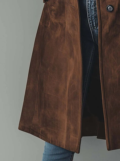 Elegant Suede Trench Coat for Women with Notch Collar Long Sleeve Button Front Tailored Style