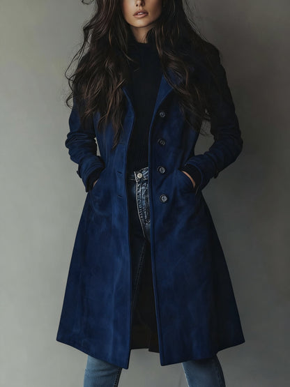 Elegant Suede Trench Coat for Women with Notch Collar Long Sleeve Button Front Tailored Style
