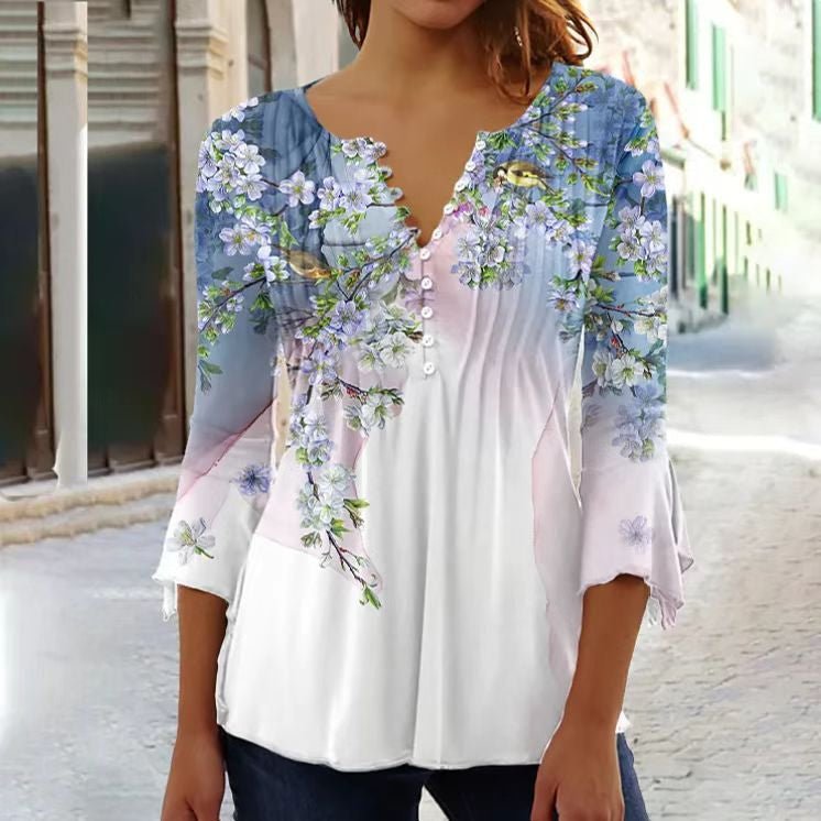 Effortless Floral Blouse for Women with Split Neck Bell Sleeve Button Front Bohemian Style