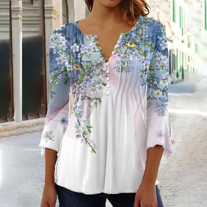 Effortless Floral Blouse for Women with Split Neck Bell Sleeve Button Front Bohemian Style