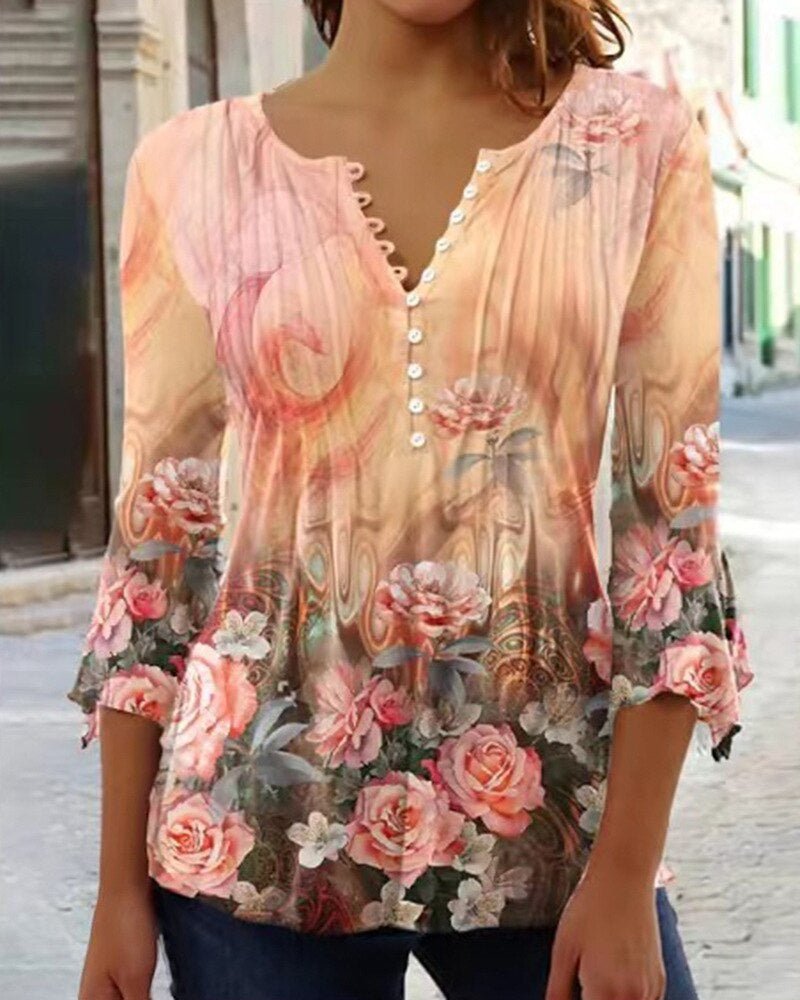 Effortless Floral Blouse for Women with Split Neck Bell Sleeve Button Front Bohemian Style