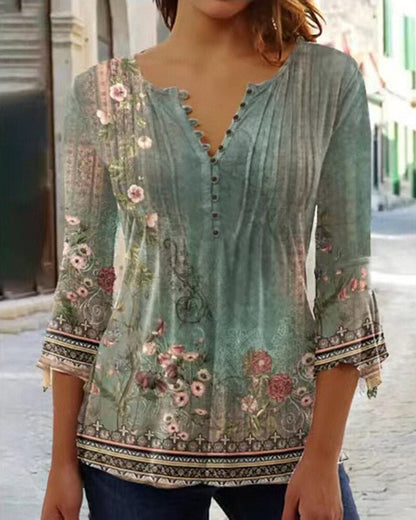 Effortless Floral Blouse for Women with Split Neck Bell Sleeve Button Front Bohemian Style