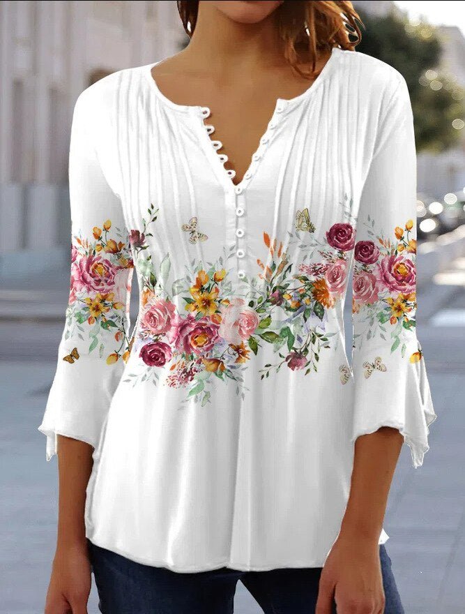 Effortless Floral Blouse for Women with Split Neck Bell Sleeve Button Front Bohemian Style
