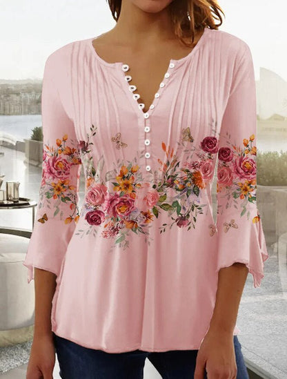 Effortless Floral Blouse for Women with Split Neck Bell Sleeve Button Front Bohemian Style