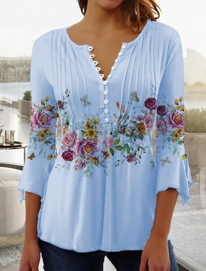 Effortless Floral Blouse for Women with Split Neck Bell Sleeve Button Front Bohemian Style