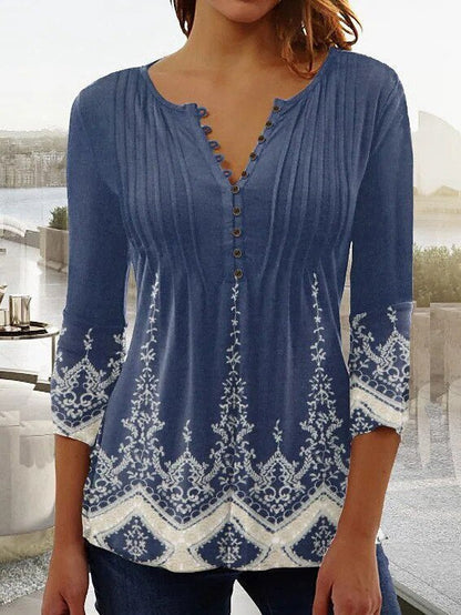 Effortless Floral Blouse for Women with Split Neck Bell Sleeve Button Front Bohemian Style