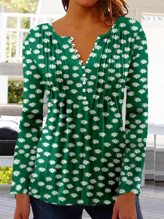 Effortless Floral Blouse for Women with Split Neck Bell Sleeve Button Front Bohemian Style