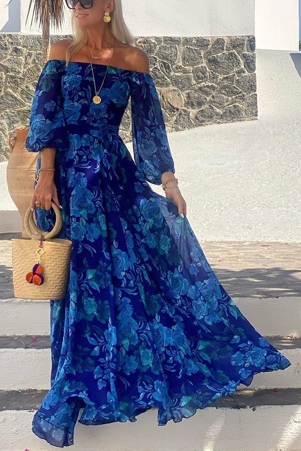 Elegant Blue Floral Maxi Dress for Women with Off Shoulder Long Sleeve Flowy Formal Wedding Guest Style