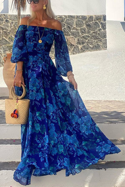 Elegant Blue Floral Maxi Dress for Women with Off Shoulder Long Sleeve Flowy Formal Wedding Guest Style