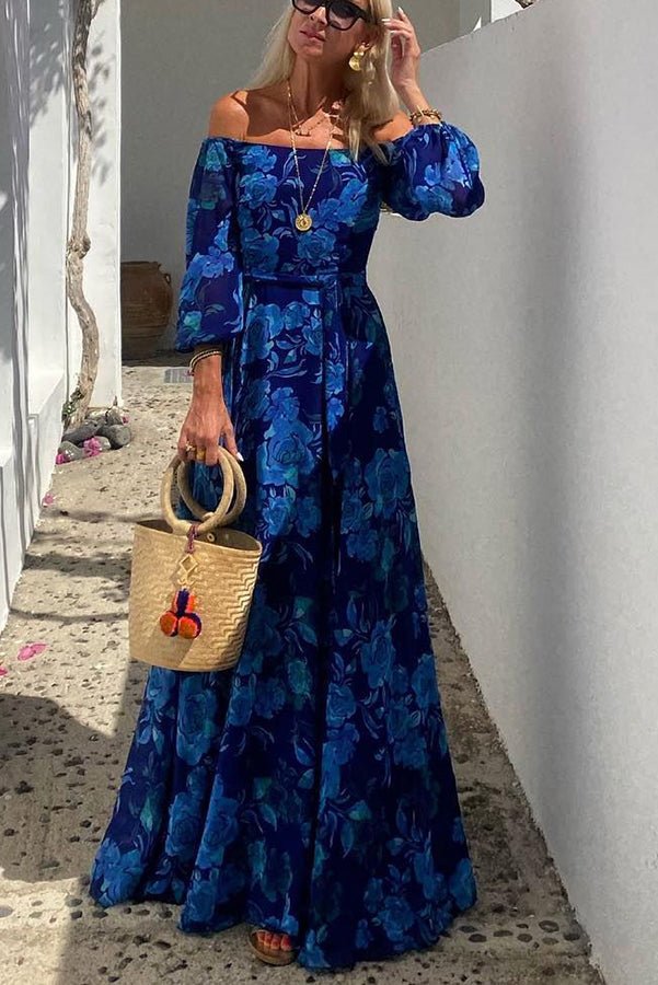 Elegant Blue Floral Maxi Dress for Women with Off Shoulder Long Sleeve Flowy Formal Wedding Guest Style