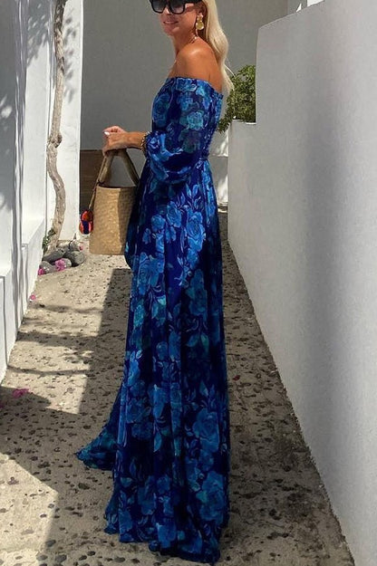 Elegant Blue Floral Maxi Dress for Women with Off Shoulder Long Sleeve Flowy Formal Wedding Guest Style
