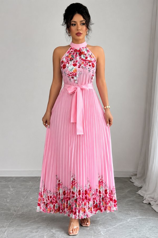 Elegant Floral Maxi Dress for Women with Halter Neck Pleated Skirt Formal Wedding Guest Style