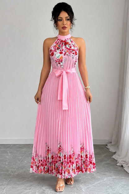 Elegant Floral Maxi Dress for Women with Halter Neck Pleated Skirt Formal Wedding Guest Style