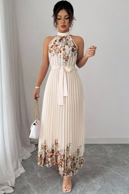 Elegant Floral Maxi Dress for Women with Halter Neck Pleated Skirt Formal Wedding Guest Style