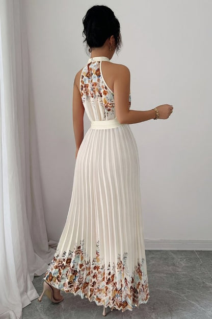 Elegant Floral Maxi Dress for Women with Halter Neck Pleated Skirt Formal Wedding Guest Style
