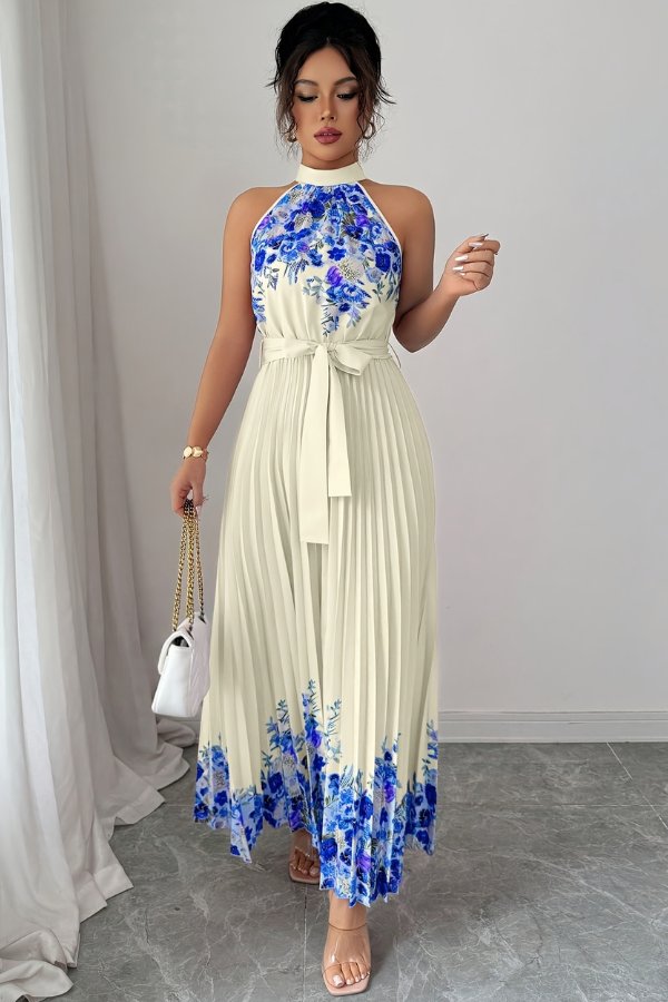 Elegant Floral Maxi Dress for Women with Halter Neck Pleated Skirt Formal Wedding Guest Style