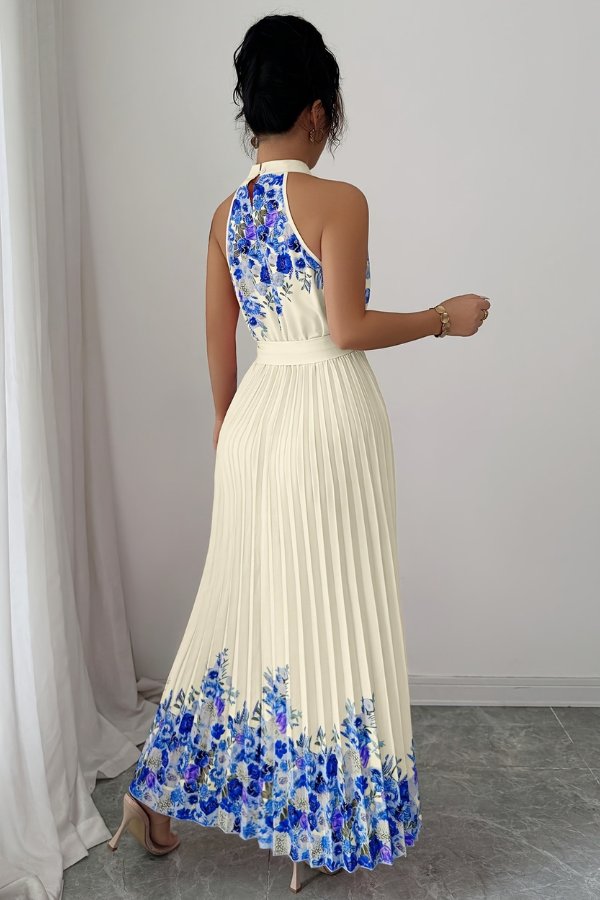 Elegant Floral Maxi Dress for Women with Halter Neck Pleated Skirt Formal Wedding Guest Style