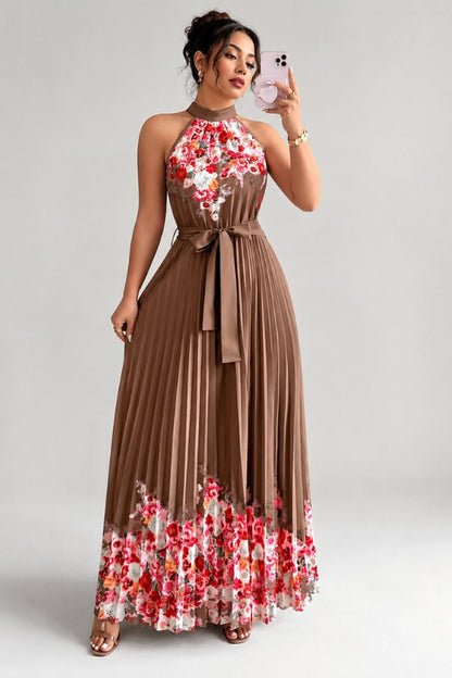 Elegant Floral Maxi Dress for Women with Halter Neck Pleated Skirt Formal Wedding Guest Style