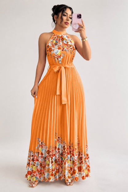 Elegant Floral Maxi Dress for Women with Halter Neck Pleated Skirt Formal Wedding Guest Style