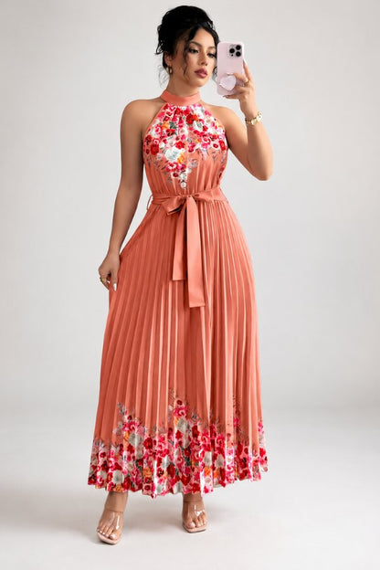 Elegant Floral Maxi Dress for Women with Halter Neck Pleated Skirt Formal Wedding Guest Style