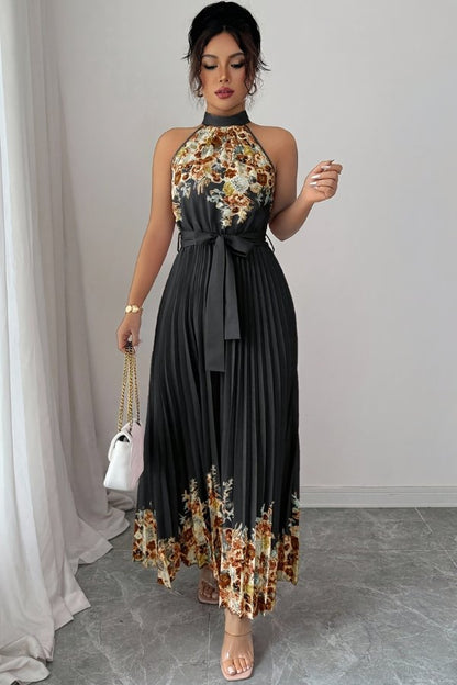 Elegant Floral Maxi Dress for Women with Halter Neck Pleated Skirt Formal Wedding Guest Style