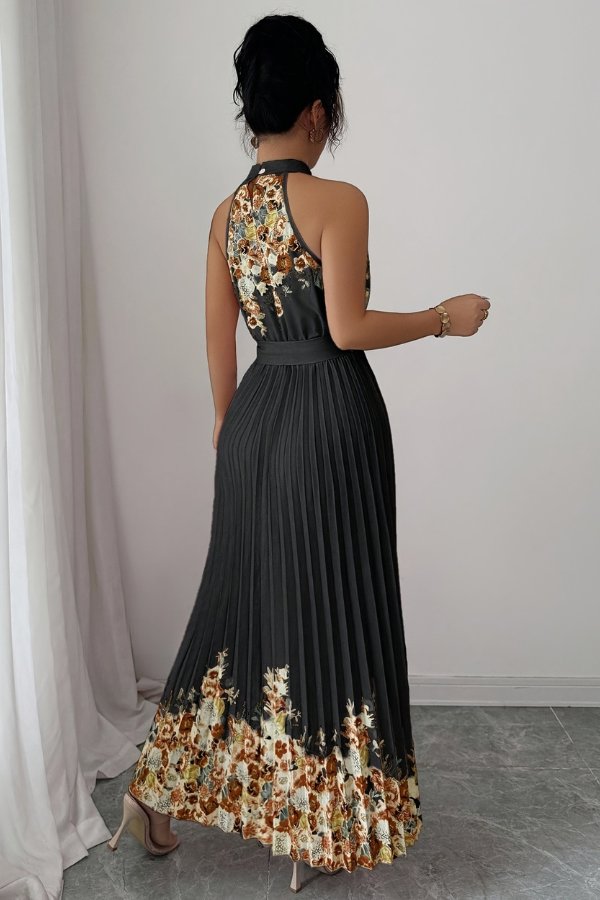 Elegant Floral Maxi Dress for Women with Halter Neck Pleated Skirt Formal Wedding Guest Style