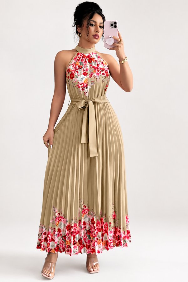 Elegant Floral Maxi Dress for Women with Halter Neck Pleated Skirt Formal Wedding Guest Style