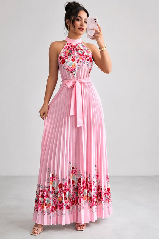 Elegant Floral Maxi Dress for Women with Halter Neck Pleated Skirt Formal Wedding Guest Style