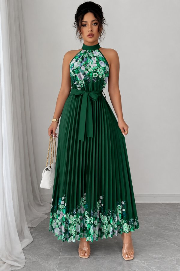 Elegant Floral Maxi Dress for Women with Halter Neck Pleated Skirt Formal Wedding Guest Style