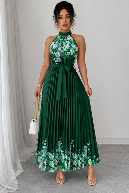 Elegant Floral Maxi Dress for Women with Halter Neck Pleated Skirt Formal Wedding Guest Style