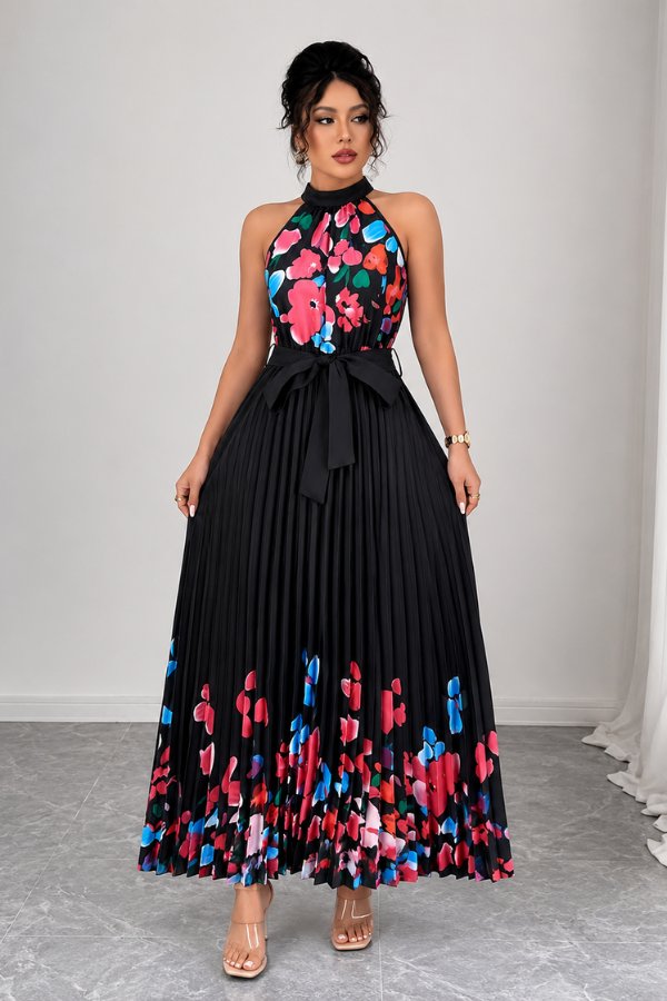 Elegant Floral Maxi Dress for Women with Halter Neck Pleated Skirt Formal Wedding Guest Style