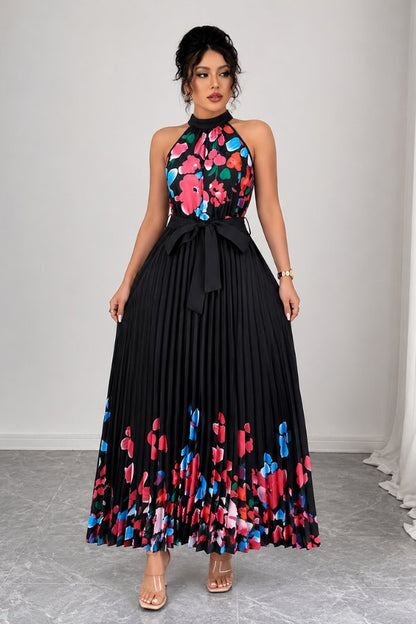 Elegant Floral Maxi Dress for Women with Halter Neck Pleated Skirt Formal Wedding Guest Style