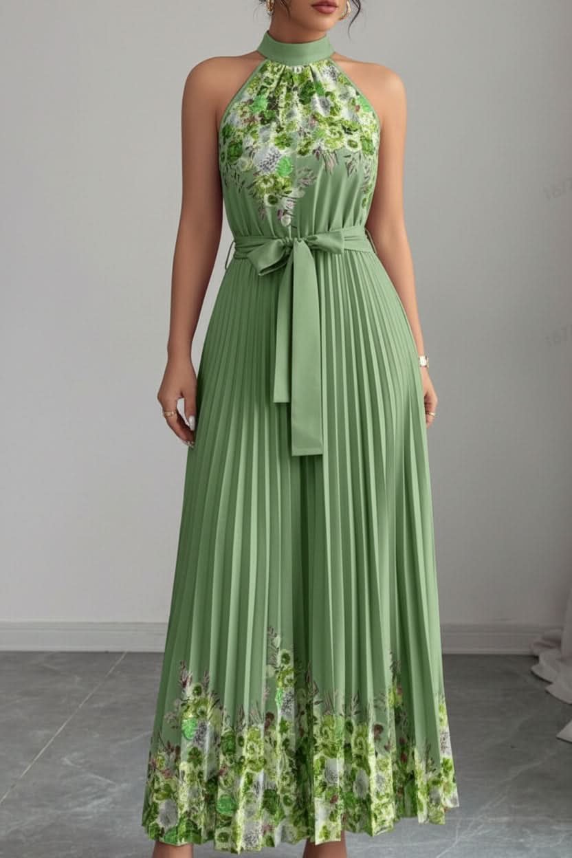 Elegant Floral Maxi Dress for Women with Halter Neck Pleated Skirt Formal Wedding Guest Style