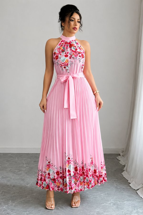 Elegant Floral Maxi Dress for Women with Halter Neck Pleated Skirt Formal Wedding Guest Style