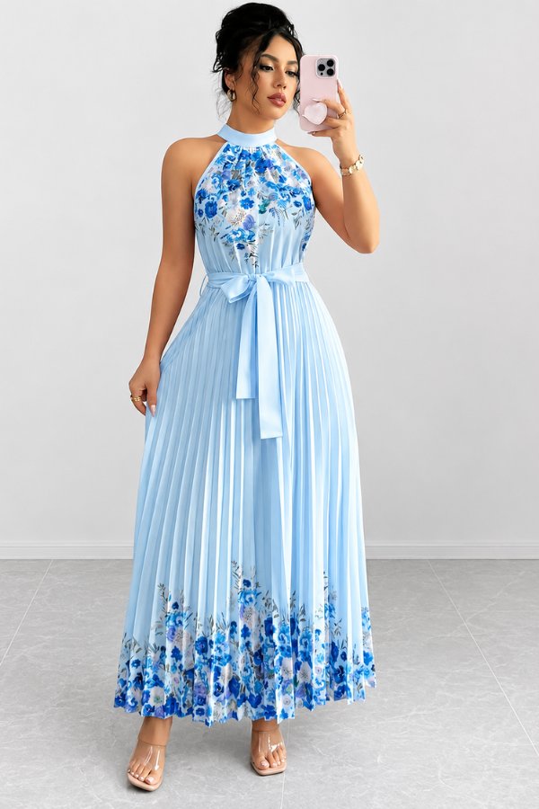 Elegant Floral Maxi Dress for Women with Halter Neck Pleated Skirt Formal Wedding Guest Style