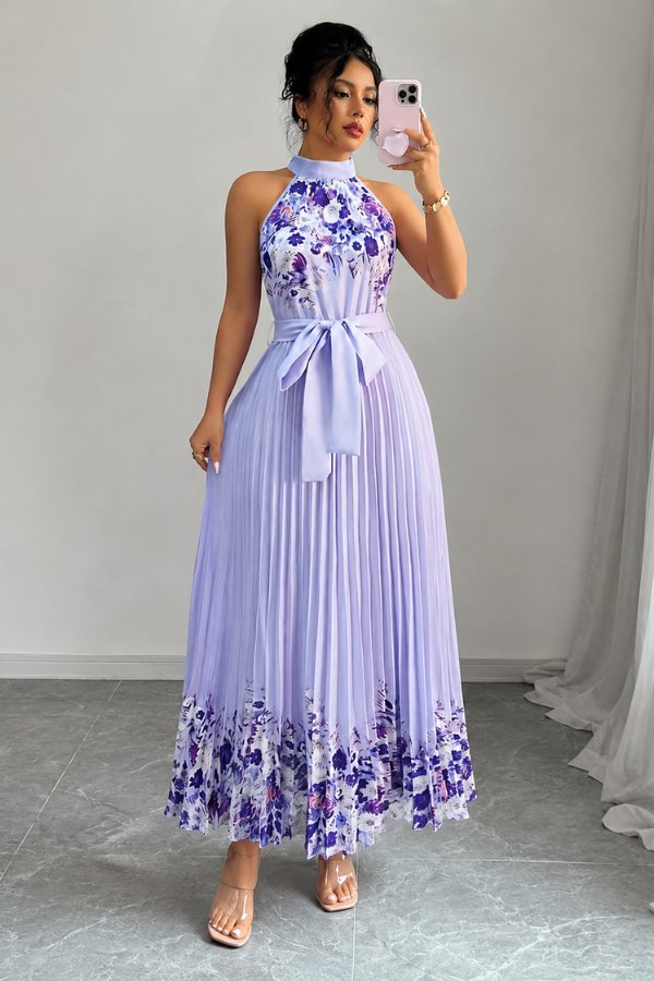 Elegant Floral Maxi Dress for Women with Halter Neck Pleated Skirt Formal Wedding Guest Style