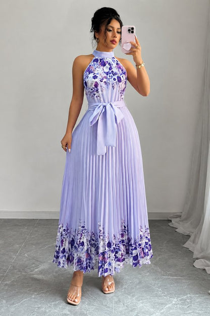 Elegant Floral Maxi Dress for Women with Halter Neck Pleated Skirt Formal Wedding Guest Style