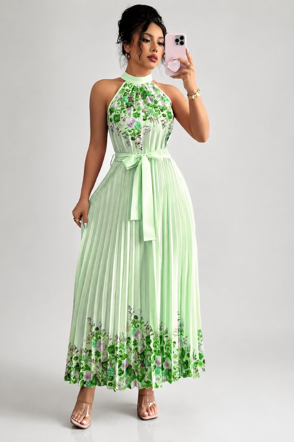 Elegant Floral Maxi Dress for Women with Halter Neck Pleated Skirt Formal Wedding Guest Style
