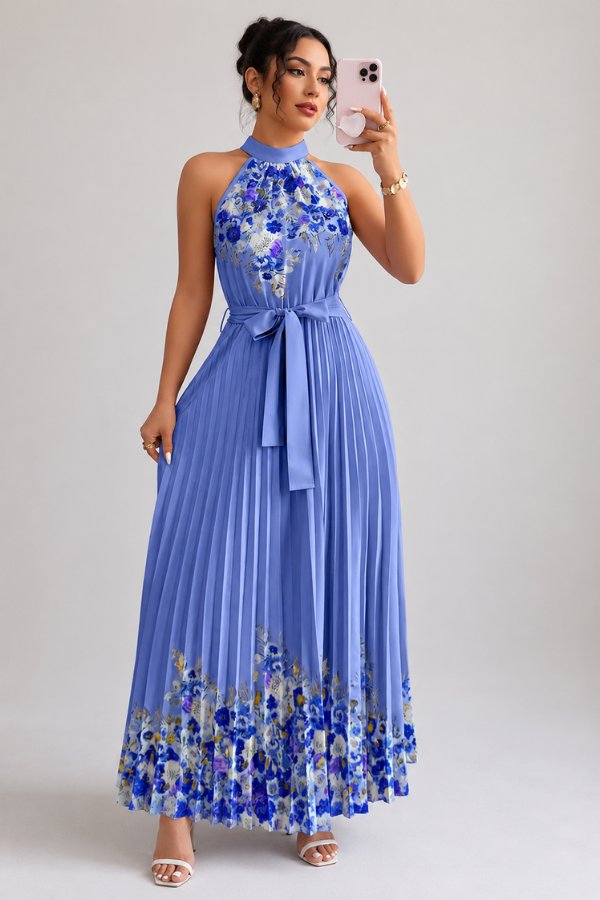 Elegant Floral Maxi Dress for Women with Halter Neck Pleated Skirt Formal Wedding Guest Style