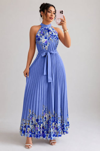 Elegant Floral Maxi Dress for Women with Halter Neck Pleated Skirt Formal Wedding Guest Style