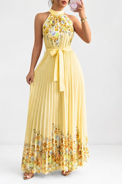 Elegant Floral Maxi Dress for Women with Halter Neck Pleated Skirt Formal Wedding Guest Style