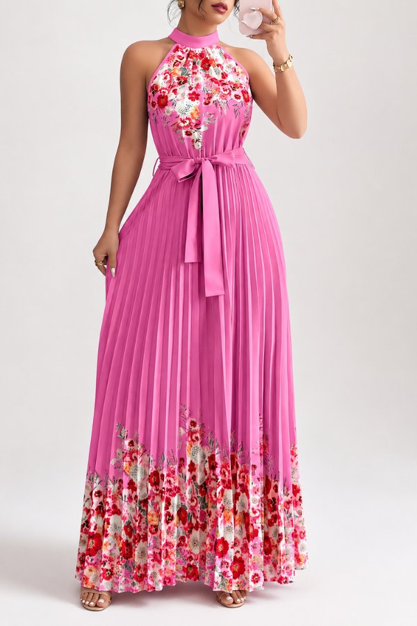 Elegant Floral Maxi Dress for Women with Halter Neck Pleated Skirt Formal Wedding Guest Style