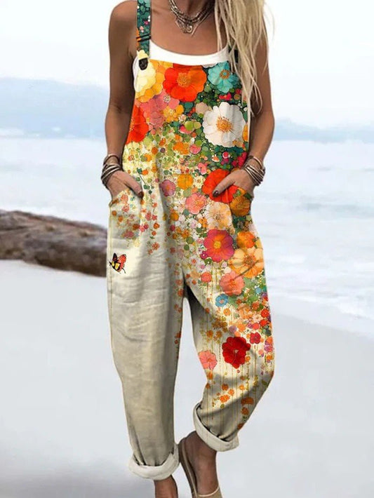 Effortless Multicolor Floral Overalls for Women with Square Neck Sleeveless Relaxed Cuffed Bohemian Style