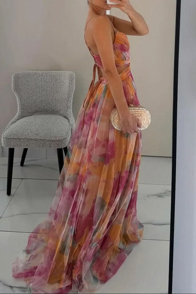 Elegant Floral Maxi Dress for Women with Halter Neck Flowy Chiffon Formal Wedding Guest Style