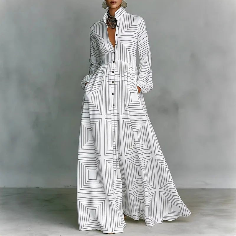 Effortless White Printed Maxi Dress for Women with Stand Collar Long Sleeve Button Front High Waist Bohemian Style