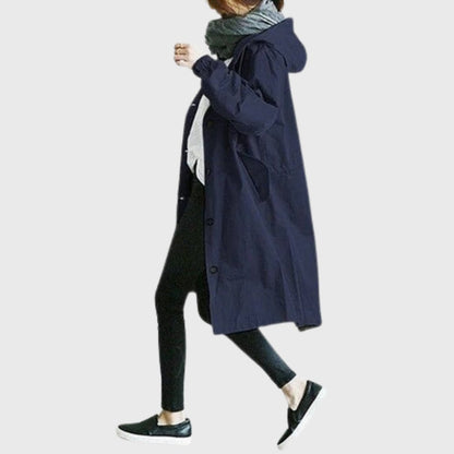 Effortless Cotton Trench Coat for Women with Hooded Long Sleeve Oversized Button Front Casual Style