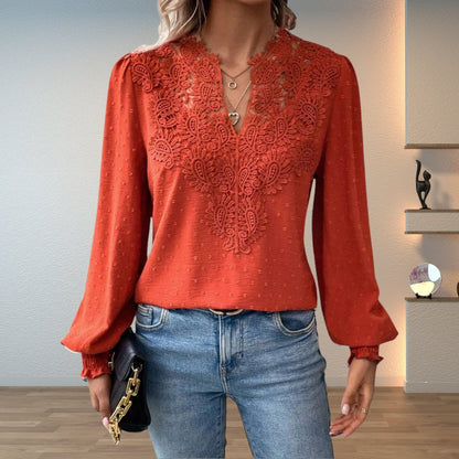 Elegant Crochet Lace Blouse for Women with V Neck Balloon Sleeve Smocked Cuff Casual Style