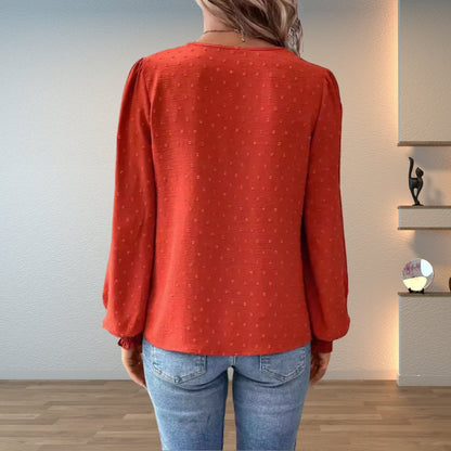 Elegant Crochet Lace Blouse for Women with V Neck Balloon Sleeve Smocked Cuff Casual Style
